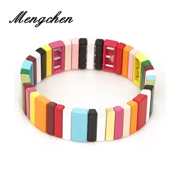 

New Fashion Enamel Rainbow Tile Bracelet Bright Metal Alloy Wide Square Stretchy Bracelet Jewelry Gift For Women