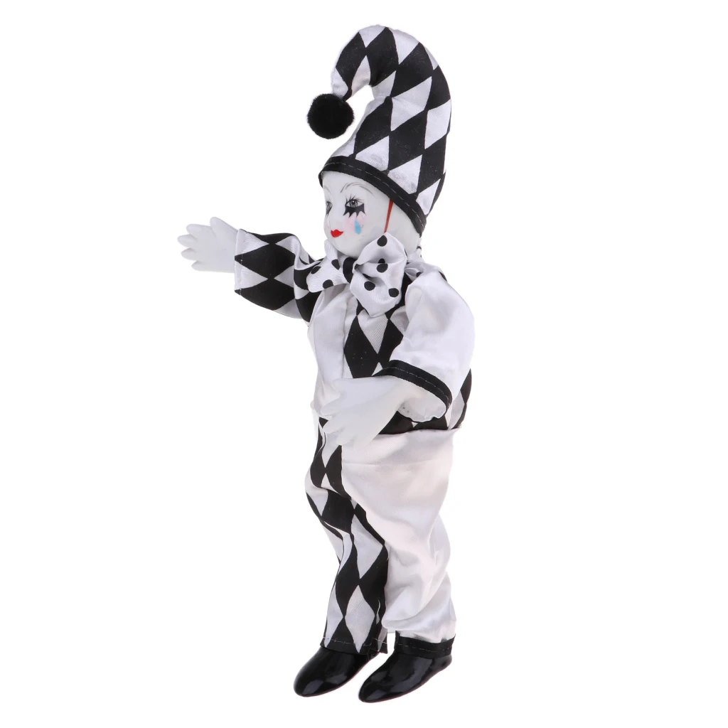 25cm 10inch Funny Porcelain Standing Clown Man Doll in Black & White Costume Home Decor