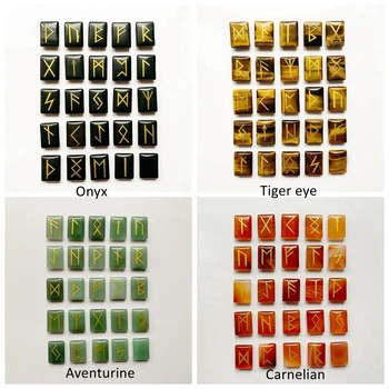 Natural Palm Stones Viking Runes Nordicas Amulet Onyx Retangular Crystal Rune Stones Set Divination Agate Aventurine Tiger Eye 1
