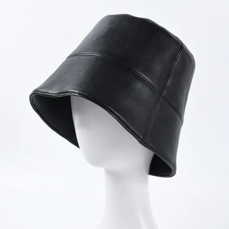 black Новые осенние зимние женские шапки модные женские из искусственной кожи Водонепроницаемая корзина непромокаемая шляпа складная Кепка рыбака - Цвет: black