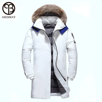 

Asesmay 90% white duck down jacket men's winter coat long down parkas hooded raccoon fur warm thicken casual lovers outerwear