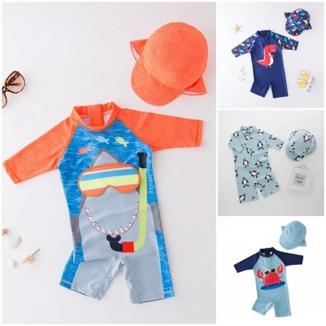 2021 baby boy swimwear with cap suit surfing Wear Shark swimming suit infant toddler kids children Sunscreen beach bathing Suit 1