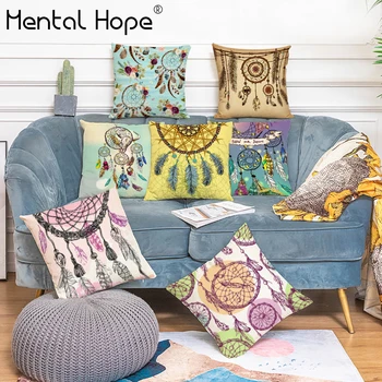 

Feather Printed Home Decor Cushion Cover Dreamcatcher Pattern Throw Pillow Cover Linen Cotton Square Decorative Pillowcase