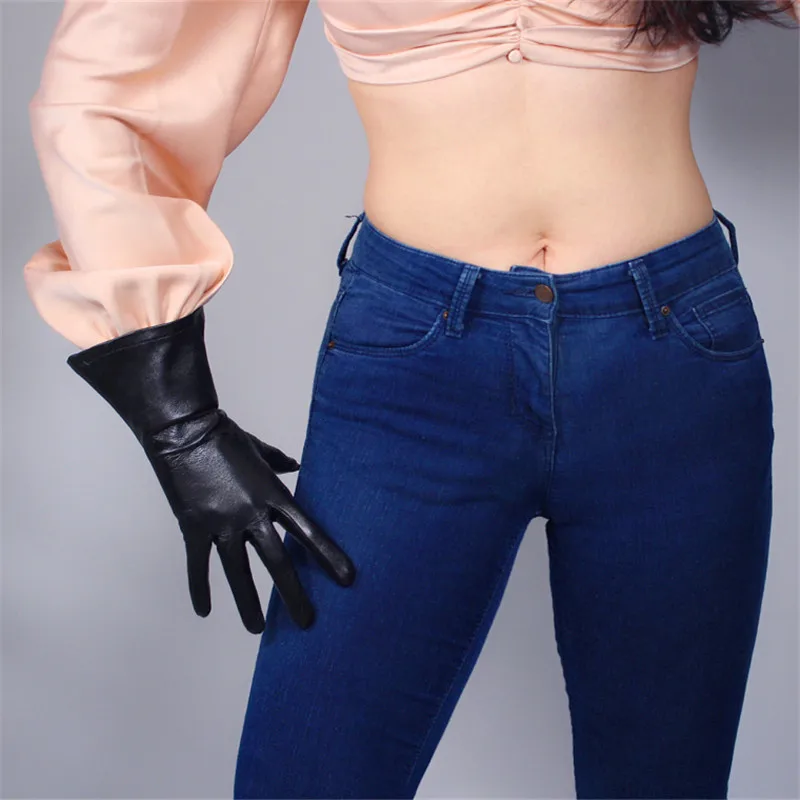 

Genuine Leather Long Gloves 28cm Imported Lambskin Thermal Black Super Handsome Lantern Sleeves Large Sleeve Female WZP08