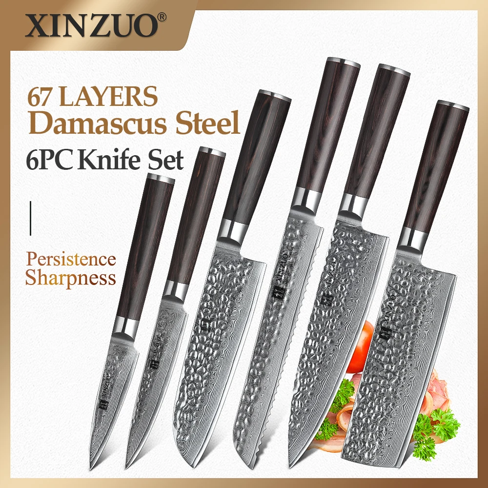 Xinzuo 6pcs Kitchen Knife Set Vg10 Paring Cleaver Santoku Utility Chef