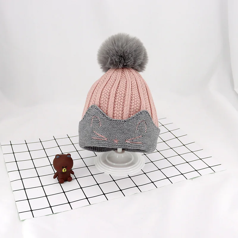 Baby hat Spring and autumn and winter new children's hat cartoon cat A knit hat 1-4 years old baby warm and comfortable cap - Цвет: Розовый