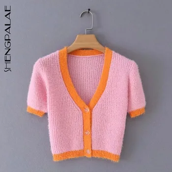 

SHENGPALAE 2020 New Fashion Spring V Neck Button Casual Loose Breasted Hit Color Knit Cardigan Women Long Sleeve ZA3073