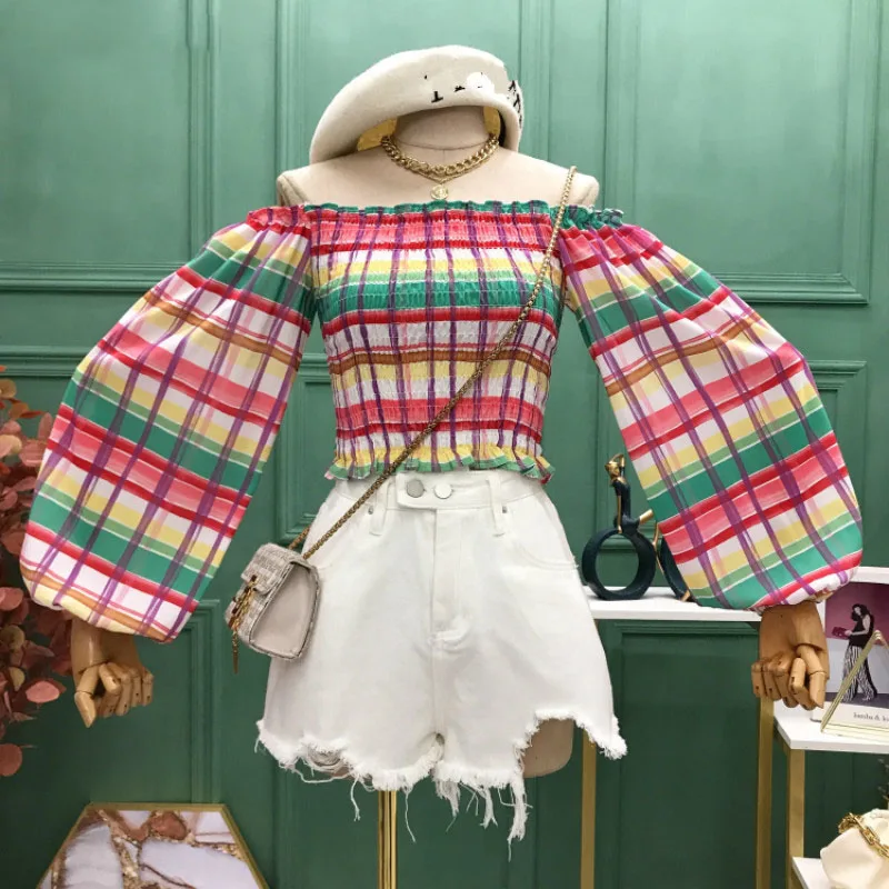 Корейские популярные цветные женские блузки в клетку пышные рубашки с длинным