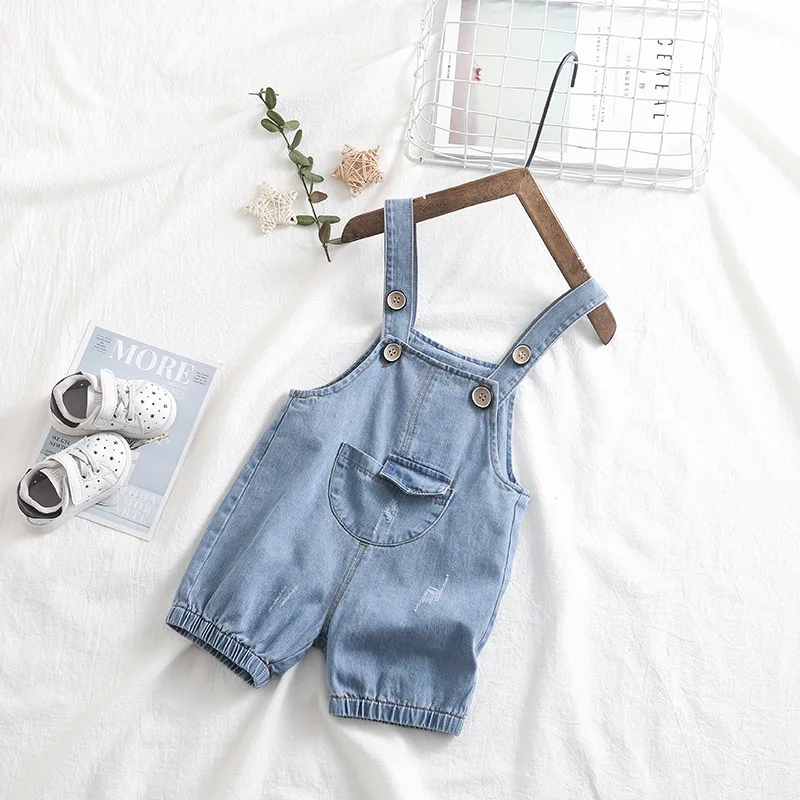 Летние детские шорты штаны на подтяжках для малышей г., новые стильные джинсовые шорты-кенгуру для малышей в Корейском стиле можно открыть с