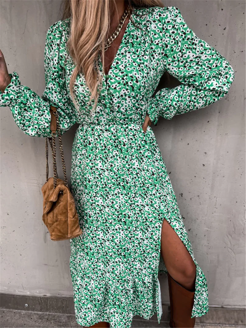 Floral Print Dress Elegant 2022 Women Chiffon Long Beach Dresses Loose Long Sleeve Deep V-neck A-line Sexy Party Dress Vestidos sexy bathing suit cover ups