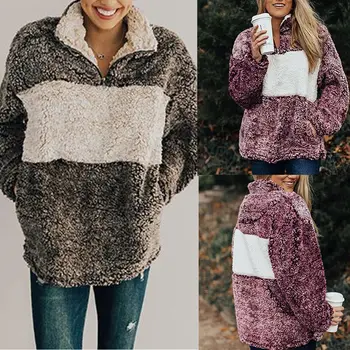 

Women Woolen Coat Jacket Sweater Long Sleeve Zip Pockets Casual Tops Winter TC21
