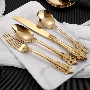 

European Retro Western Cutlery Set Golden Relief 304 Stainless Steel Steak Cutlery Set Dishes Sets Dinnerware BB50CJ