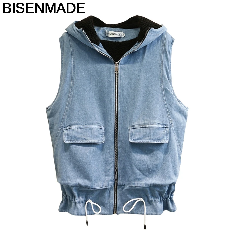 

BISENMADE Women Sleeveless Vests Winter Warm Oversize 2020 Loose Lining Fleece Coats Hem Drawstring Hooded Denim Vest Jacket