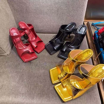 

2020 New Sandals Female Personality Clip Toe Square Head Leather High-heeled Sandals Women's One Side Fine Heel Casual Slippers