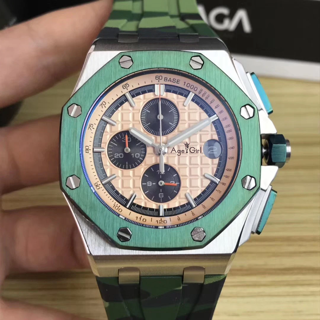 

Famous Brand New Chronograph Men Stopwatch Sapphire Crystal Silver Green Stainless Steel Black Blue Rubber Sport Watch Sapphire