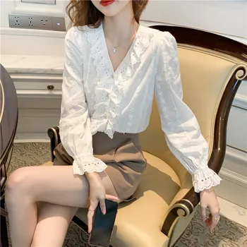 

COIGARSAM Ruffles Shirt Womens tops New Spring Lace Embroidery Lantern Sleeve Women shirts White Short Skirt 1251 1279