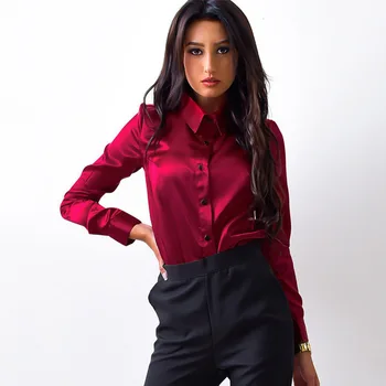 

2020 Women Elegant Wine Red Green Satin Shirt Turn Down Collar Longth Sleeve Female Formal Office OL Women Tops