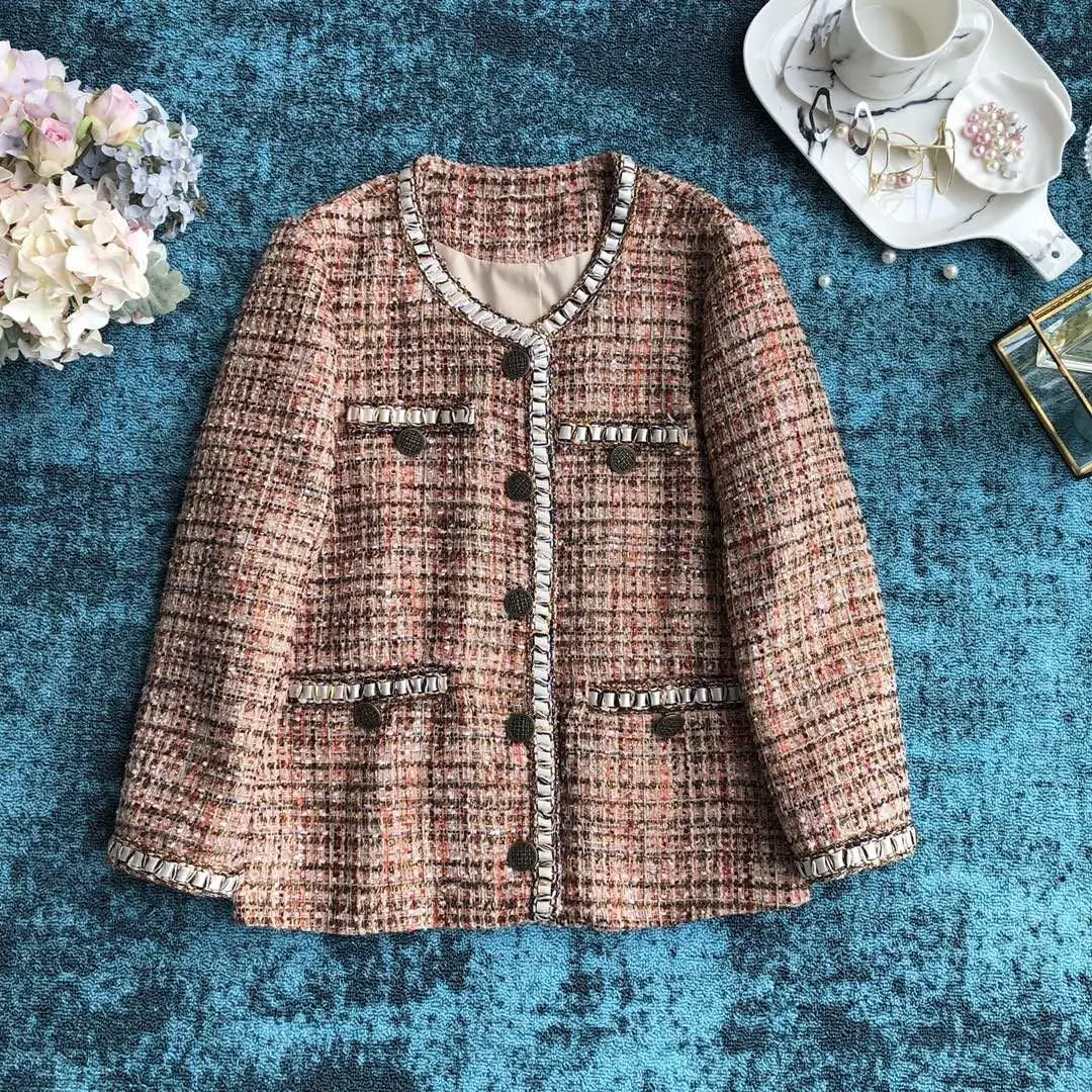 

2019 new ladies high quality fashion long sleeve V-neck tweed jacket 0911