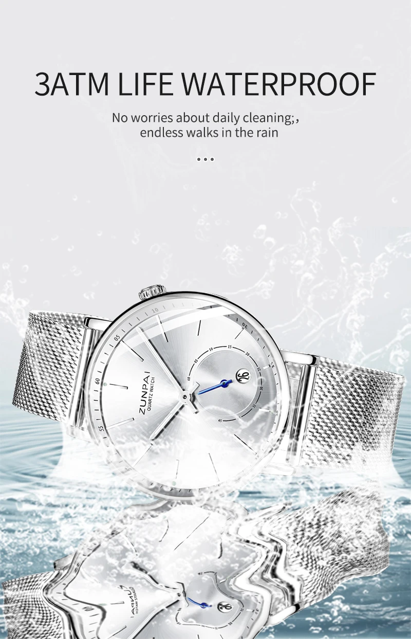 ZUNPAI Mens Watches Top Brand Luxury Waterproof Ultra Thin Date Clock Male Steel Strap Casual Quartz Watch Men WristWatch