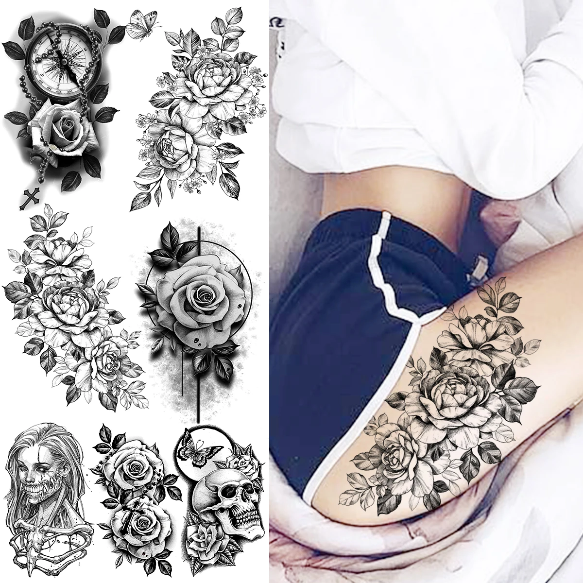 

Large Black Peony Flower Temporary Tattoos For Women Girls Realistic Compass Face Skull Fake Tattoo Sticker Leg Arm Tatoos Thigh