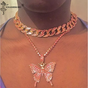 

Iced Out Butterfly Necklace Set Cuban Link Chain Choker Necklace Women Girls Butterfly Chains Bling Hip Hop Pendant Jewelry 2020