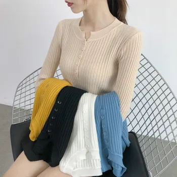 

New button long sleeve Elasticity Pulloversr/lady Pullover knitted sweater with round collar in autumn and winter