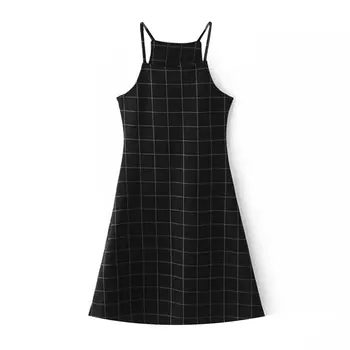 

Sexy Backless Halter A-line Dress Vintage Cotton Plaid Above-knee Ladies Mini Dress Women One Piece Black Sleeveless Mini Dress