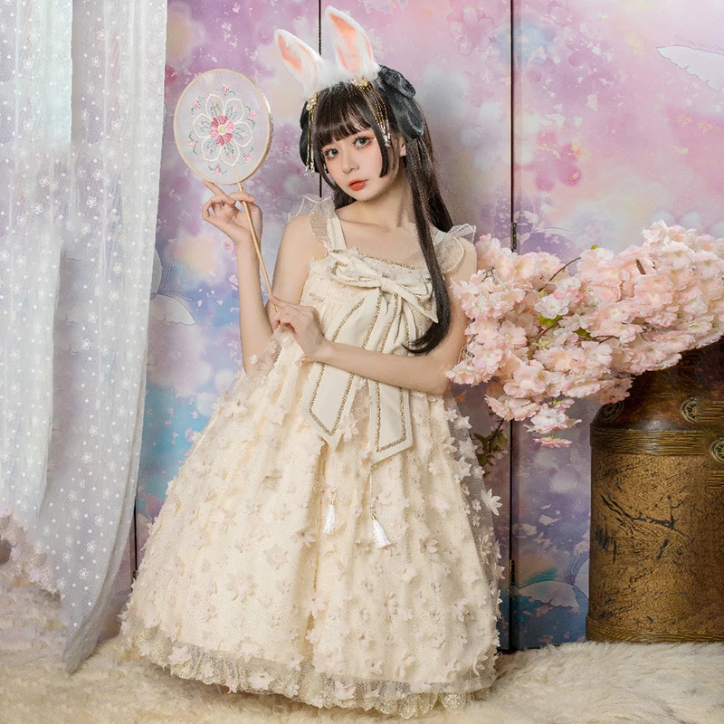 

Factory Original Japanese-Style Sweet Bow Stitching Lolita Chinese-Style JSK Fungus Dungaree Dress Female Summer