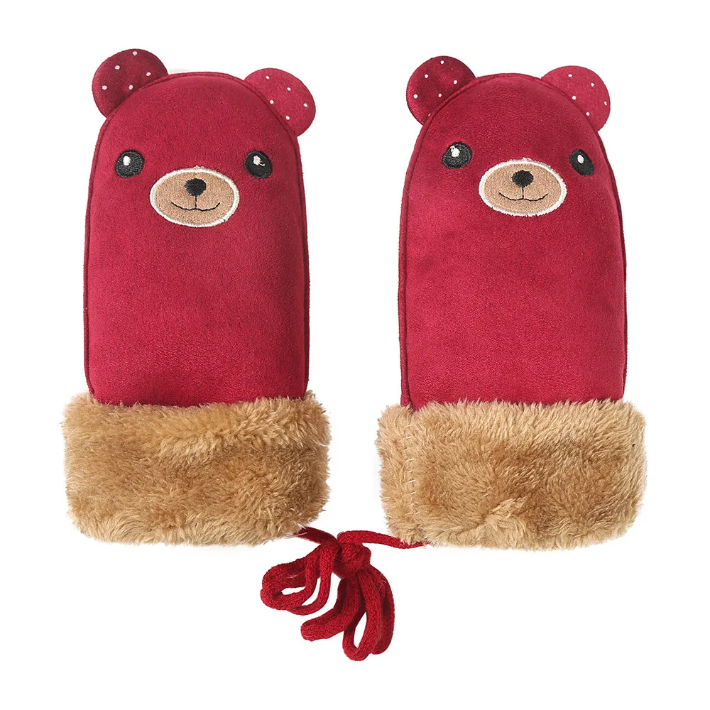 Детские зимние теплые перчатки с героями мультфильмов, толстые бархатные ветрозащитные рукавицы с плюшевыми манжетами, мягкие перчатки на подкладке с подвеской на шее YL5 - Цвет: Красный