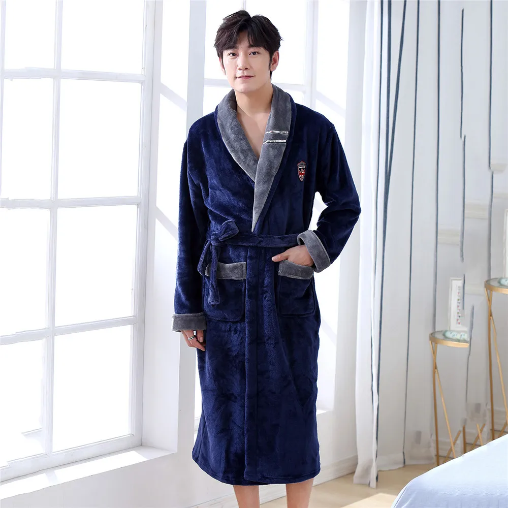 Халат Мужская на подкладке фланель, коралл, флис, ночная рубашка для мужчин, теплый плотный спальный халат с v-образным вырезом, плюс размер 3XL, кимоно, платье