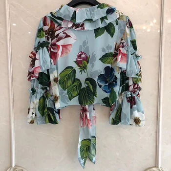 

Women Flower Print Silk Blouses 100%Real Silk Butterfly Sleeves Double- Layer Neck Blouse Shirt 2020 Summer Shirt