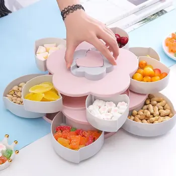 

Creative Flower Type Rotating Candy Box Plastic Snack Storage Tray Wedding Candy Petal Box Family Snacks Partition Box