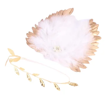

Sweet Newborn Baby Girls Photo Prop Angle Wing with Leaf Headband Set Gift for Baby Shower (Gold)