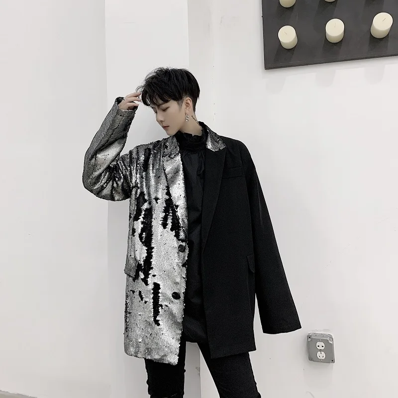 M-XL! весенний Мужской Свободный Повседневный костюм с пайетками для выступлений в ночном клубе певец