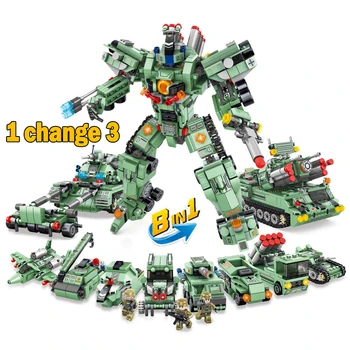 

Army Building Blocks 8in1 Changeable Tank Robot Military Truck Attack Aircraft Warship Armored Vehicle Weapon Bricks Toys