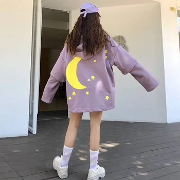 

Harajuku Japanese Moon Print Hoodies Women Gothic Punk Oversize Velvet Hooded Sweatshirt Cool Pullover Streetwear Hoodie Girl