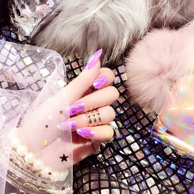 24Pcs Shiny Punk Style Fake Nails Long Ellipse Metallic Mirror Full Cover False Press On Nails Manicure Beauty Tools