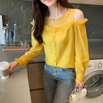 

2020 Korean Women Formal Office Work Wear Yellow Chiffon Shits Blouses Long Sleeve Slim Female Elegant Womens Clothes Tops