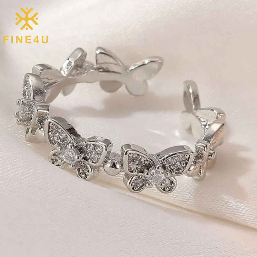 FINE4U R035 Rhinestore открытые кольца с бабочкой для женщин девушек регулируемое кольцо