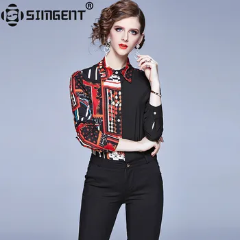 

Simgent Office Blouse Women Color Block Printing Work Casual Long Sleeve Turn Down Collar Fashion Tops Woman Clthing SG911071