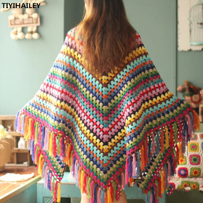 

TIYIHAILEY Free Shipping Cloak Tassels Crochet Outerwear Hand Made National Women Pashmina Scarf Winter 220x100cm 170x75cm