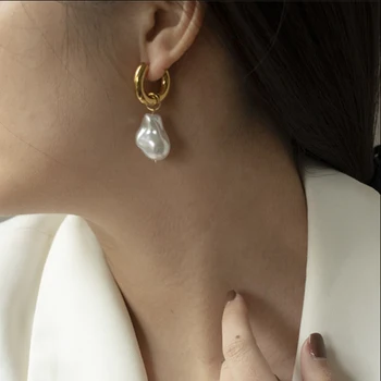 

GHIDBK Ins Hot Sale Stainless Steel Jewelry Baroque Simulated Fake Pearl Pendant Hoop Earrings French Elegant Circle Earring