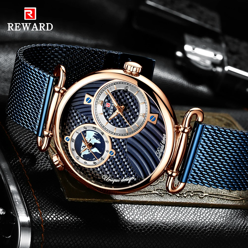 

REWARD Brand Luxury Watches Men Dual time zone Dial Clock Wristwatches For Men's Quarzt Watch Waterproof Blue Full steel Watch