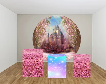 

Round circle background baby shower Princess castle pink flowers girl birthday banner elastic 3 cylinder plinths cover YY-284