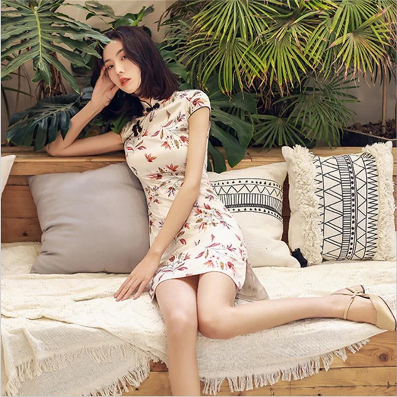 Летнее женское китайское платье шелковое атласное Сексуальное Мини cheongsam женская Роба в восточном стиле с цветочным принтом плюс Размер qipao современный винтажный