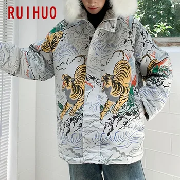 

RUIHUO Tiger Embroidery Hooded Coat Men Jacket Warm Winter Jacket Men Coat Parka Winter Coat Men Clothes 2019 Autumn XXXL Parkas
