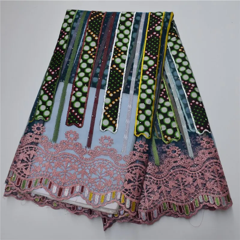 Африканская вышивка принт воск и шнур кружевная ткань с бисером высокого класса нигерийский воск Кружевная Ткань 5 ярдов