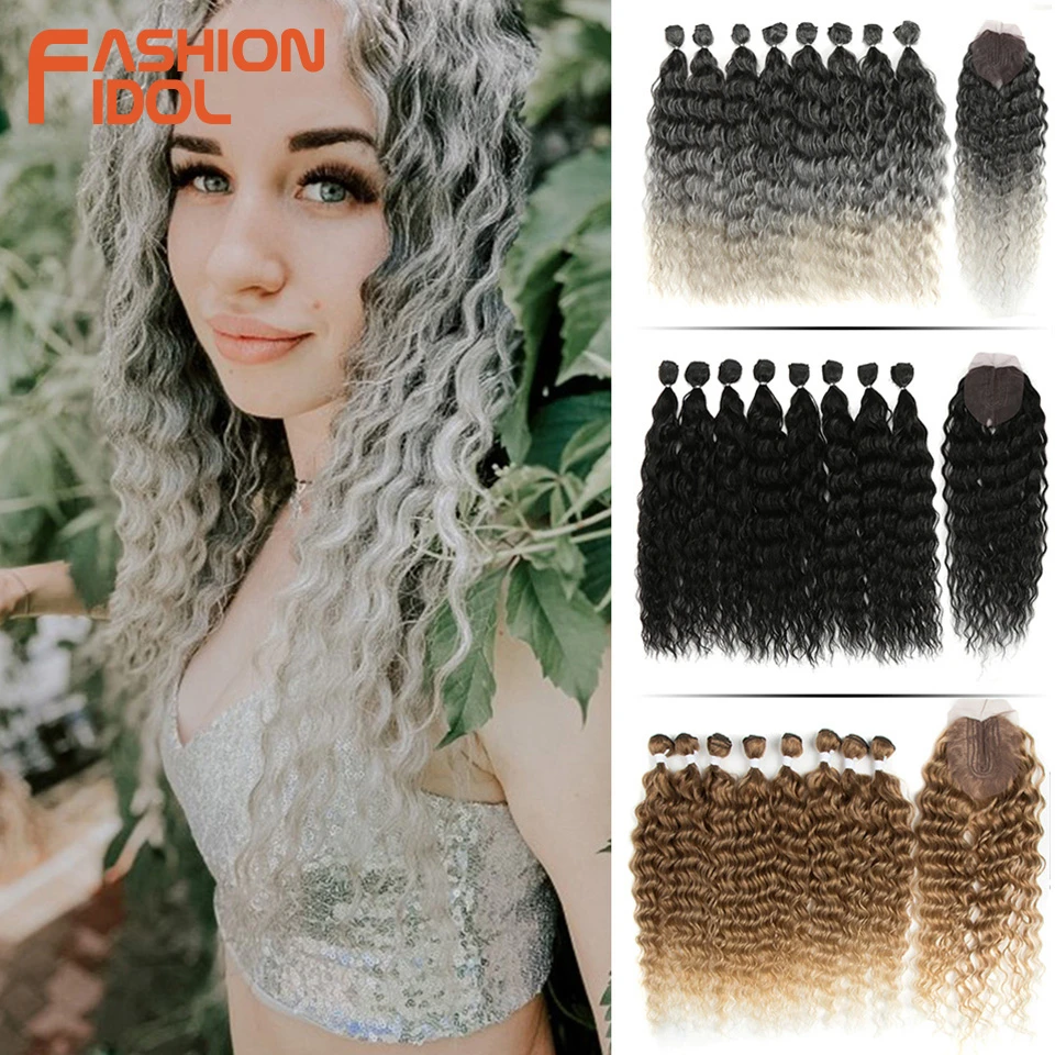 Fashion Idol Water Wave Fake Hair Bundles With Closure 20inch Weave  Synthetic Hair Extensions Ombre Silver Grey Curly Hair Fiber - Synthetic  Hair Weaving (for White) - AliExpress