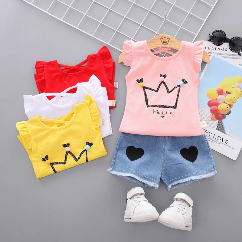 girls Summer Tee  outfits 6 months--3 years Toddler kids baby girls outfits cotton T shirt+Shorts Pants clothes cute Set crown Baby Clothing Set comfotable