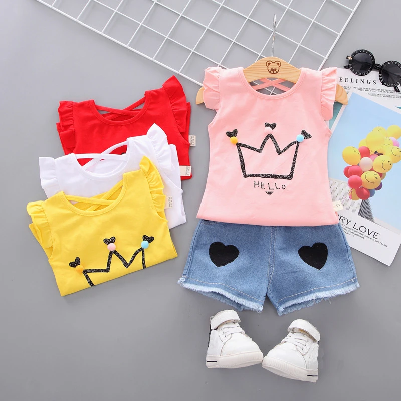 girls Summer Tee  outfits 6 months--3 years Toddler kids baby girls outfits cotton T shirt+Shorts Pants clothes cute Set crown Baby Clothing Set comfotable